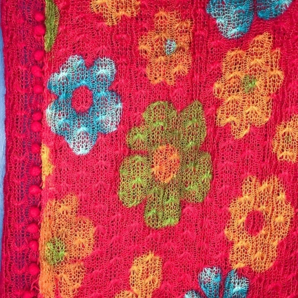 Colorful Floral Scarf w Pompom Trim Flower Power Gogo Whimsical Boho Fun Playful - Picture 2 of 3